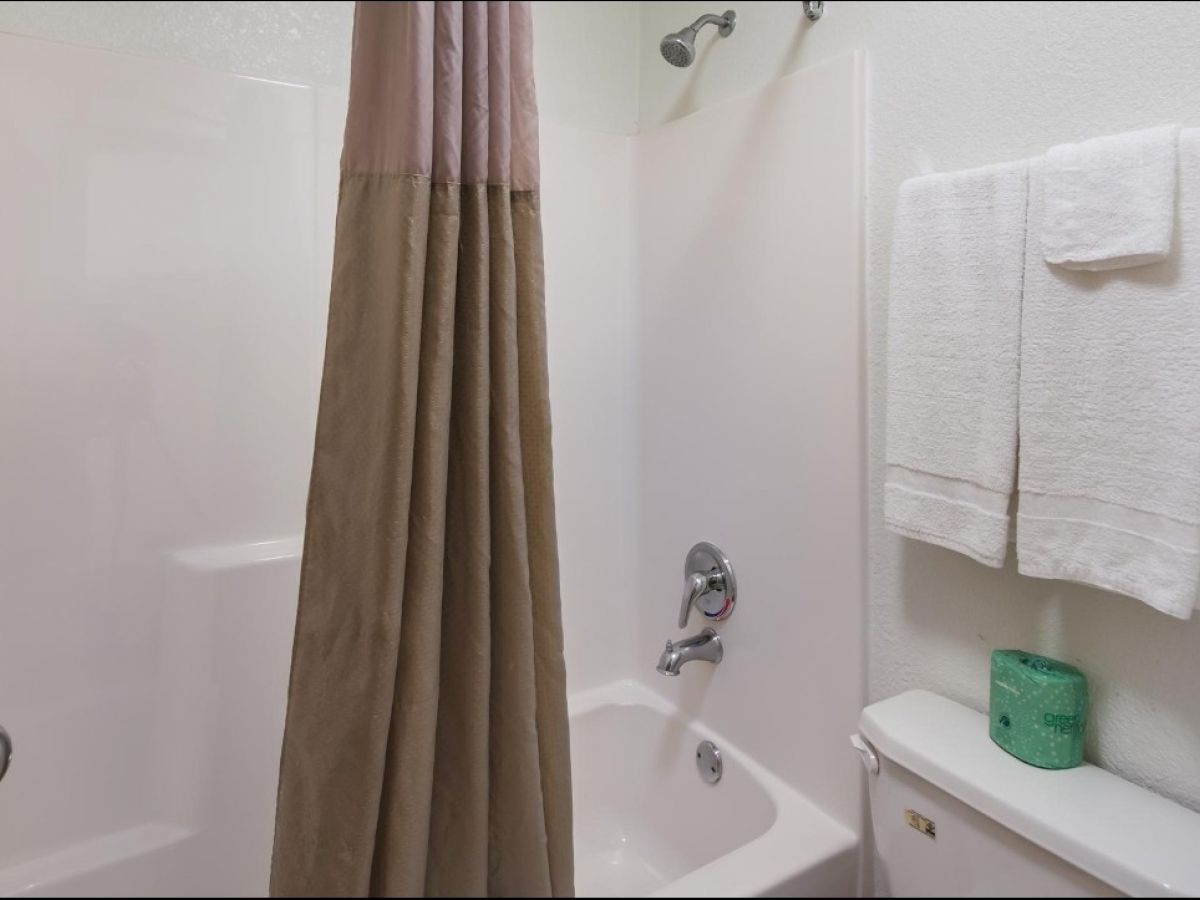 This image shows a bathroom with a shower curtain, a bathtub, a towel rack with towels, and a toilet with a green container on top.