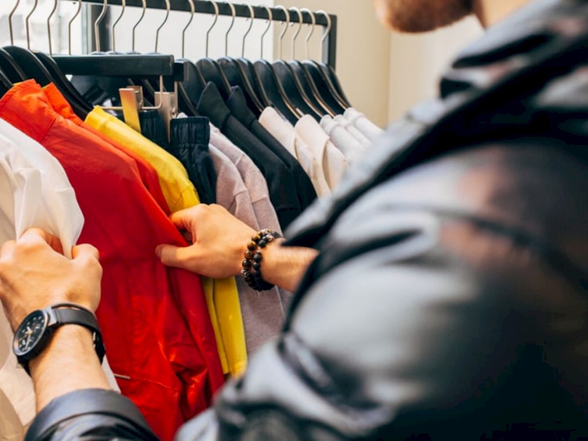 A person is shopping for clothes, browsing through a rack of various colored shirts, including white, red, and yellow, in a store.