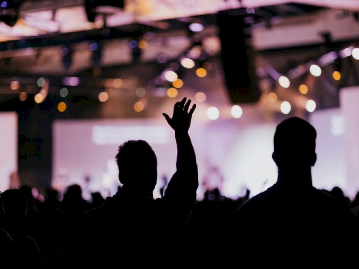 The image shows silhouettes of people at an indoor event, with one person raising their hand, under stage lighting and screens in the background.